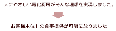 人にやさしい電化厨房がそんな理想を実現しました。⇒「お客様本位」の食事提供が可能になりました